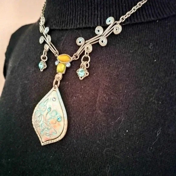 Boho Patina Pendant Blue Rhinestones Antique Silver Tone Statement Necklace - Picture 10 of 10